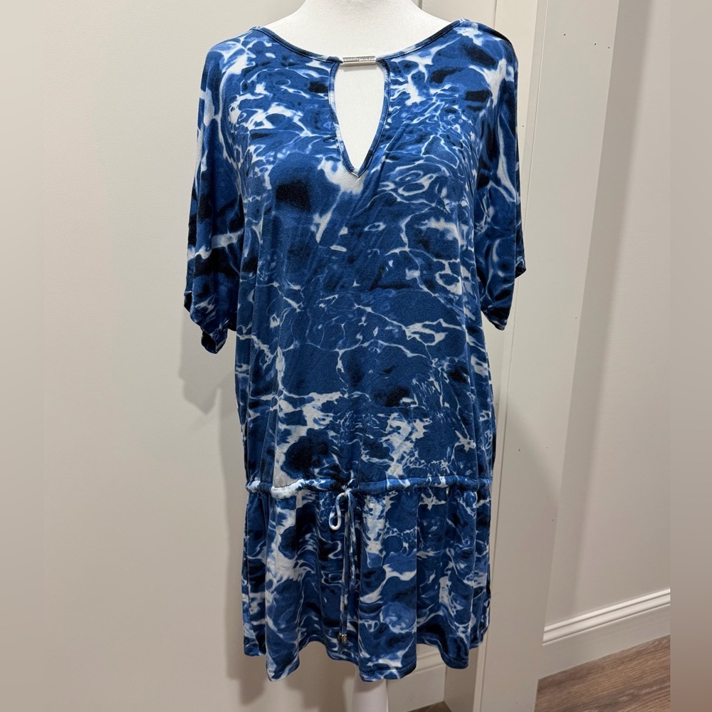 Michael Kors Chiffon Peplum Blouse Top Size Large Navy Water Marble Pattern